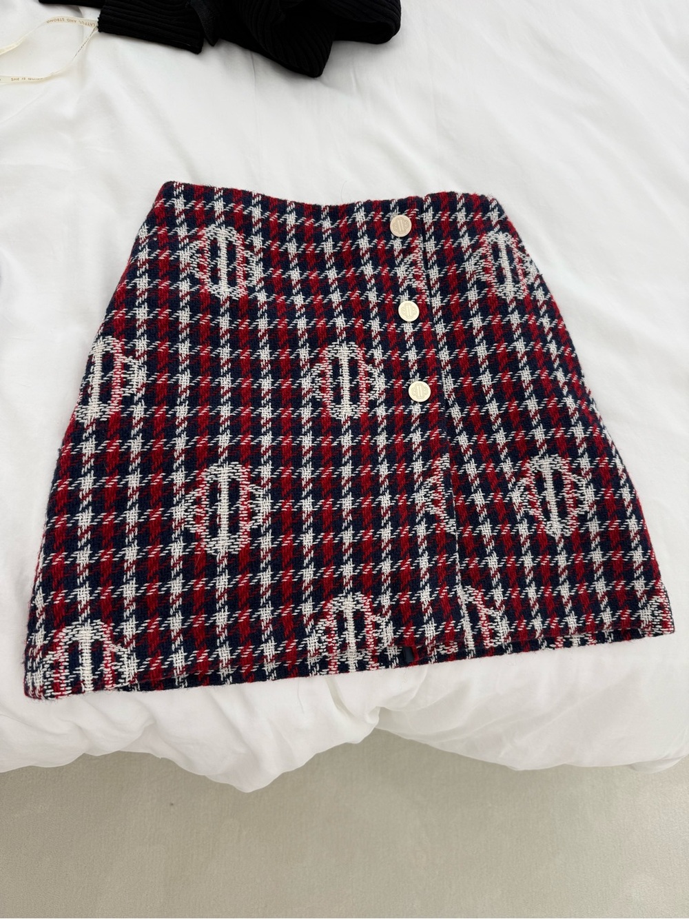 Maje Red and Navy Plaid Tweed Mini Skirt with Gold Buttons